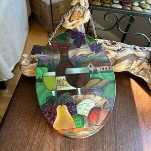 Vintage Joan Baker Hand Painted Glass Suncatcher Wine & Cheese